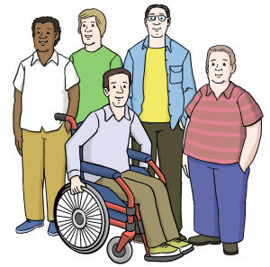 5 Männer sind auf dem Bild zu sehen. 4 Männer stehen hinter einem Mann im Rollstuhl. Alle gucken nach vorne.